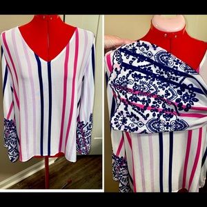 FEVER HIPPIE BOHO STRIPED EMBROIDERED EYELET BELL SLEEVES TOP LARGE GORGEOUS !